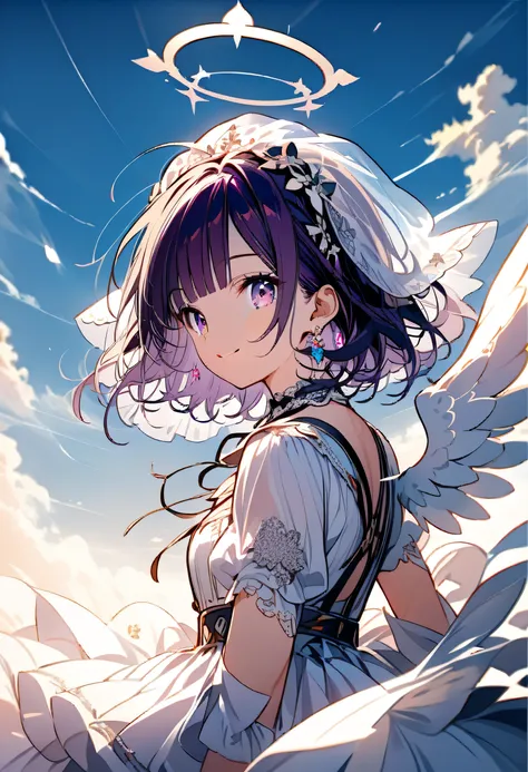 score_9, score_8_up,score_7_up,source_anime,source_comic,source_illust,(sideview,looking at viewer),piece sign ,model pose,upperbody,(purple color pixie cut),blunt bangs,smile,(White veil, white frilly cute dress), (with angel wings),(Complete Anatomy:1.3)...