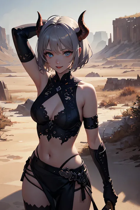 ((masterpiece)), ((best quality)), (ultra-detailed), ((extremely detailed)), 8K, 4K, best quality, (beautiful), illustration, (body shot), ((female demon)), solo, laugh, (beautiful eyes), (beautiful hair), beautiful gray hair, semi short hair, horns on hea...