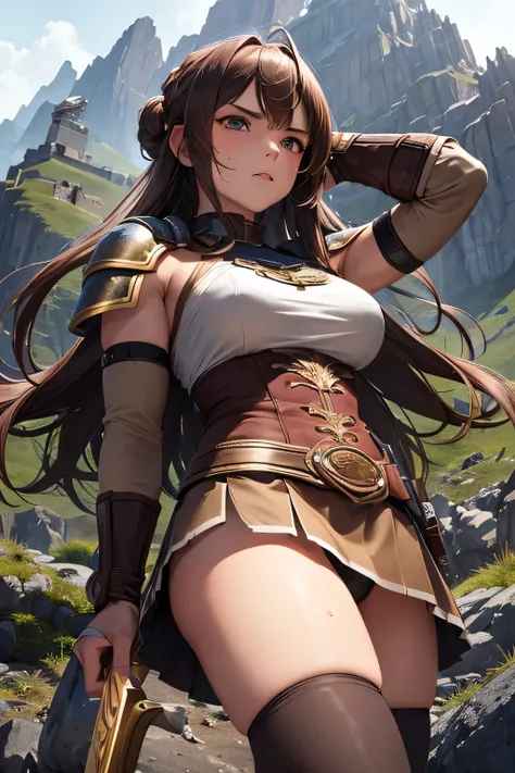 muscularity,(insolence),Female warrior,Long brown hair in a single bun.,(cloth armor),desolate mountain,in a fantasy setting,strong wind, sweat,serious expression,(((mini skirt))),(panty shot),(((photo taken from below)),