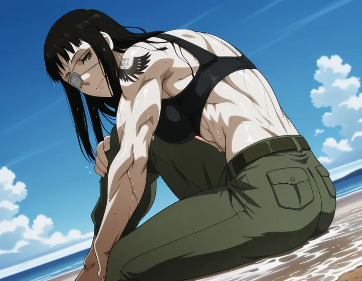 1girl,solo,mm,mature female,black hair,eyepatch,brown eyes,medium breasts,anime coloring,long hair,
muscular,black tight sport bra and green military pants with belt,cowboy shot, , wet,beach, tattoo, 
,masterpiece,best quality,amazing quality,,muscles back...