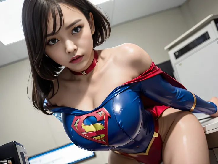 Masterpiece、 latex supergirl costume 、 Off Shoulder 、Ultra short hair、 big, rich breasts 、 shiny sweaty skin 、Look directly into the camera、 choker、Provocative cleavage、 Long Sleeve、Cape、Glamorous bare legs、 in front of laboratory equipment in hospital roo...