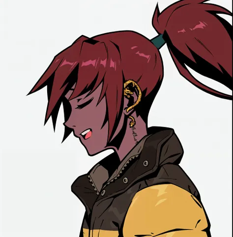 anime girl with red hair and earring in yellow jacket, character art closeup, female protagonist 👀 :8, female protagonist, rogue anime girl, brigitte from overwatch, anime style”, makoto, style of jet set radio, persona art style, digital art from danganro...