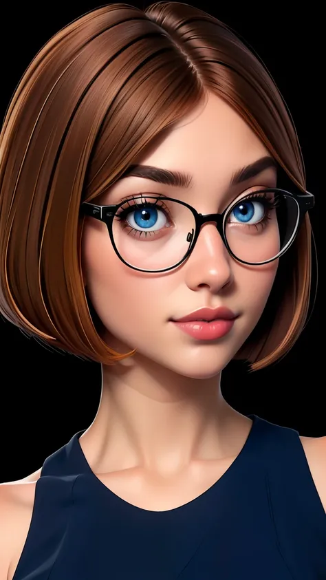 glasses, curvy, bbw, light hazelnut hair, bob haircut, blue eyes, full lips, black background, high quality photography