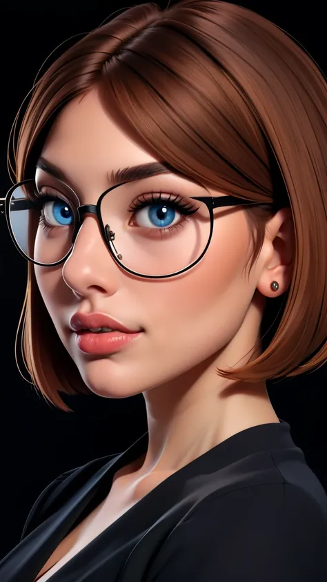 glasses, curvy, bbw, light hazelnut hair, bob haircut, blue eyes, full lips, black background, high quality photography