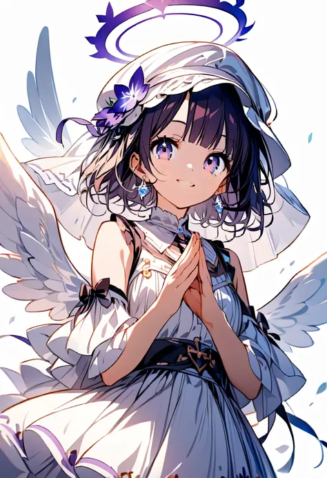 score_9, score_8_up,score_7_up,source_anime,source_comic,source_illust,(frontview,looking at viewer),(closed upface),praying pose,smile,model pose,standing,(purple color pixie cut),blunt bangs,smile,(White veil, white frilly cute dress), (with angel wings)...