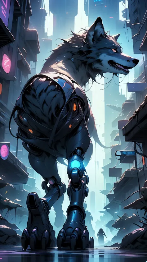 (((A mechanical wolf,cyborg wolf,cyborg-wolf,animal,wolf robot))),no human,detailed wolf,intricate mechanic wolf,robot animal,

epic, highly detailed full body of a gigantic feral mecha canine, sharp metal claws, cannon mounted on back, sleek armor, glowin...