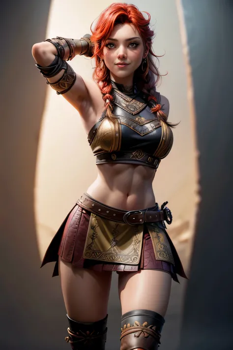 Young Viking woman , warrior, long red hair tied in a single braid , amazonian body , generous hips , curvilinear, armed with sword , wears leather armor with leather linings and Celtic and Nordic knots, fur skirt, highest quality, masterpiece , supe...