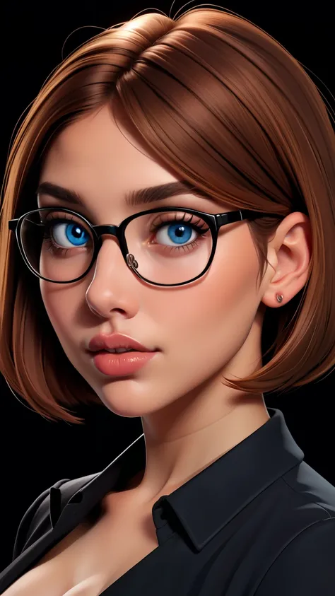 glasses, curvy, bbw, light hazelnut hair, bob haircut, blue eyes, full lips, black background, high quality photography, half body portrait.