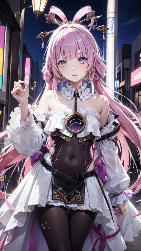 portrait, 1 Girl, pretty face , asymmetrical hair, Colorful hair, sash, Bodysuit , Cover your mouth, cover navel , separated sleeve , pink hair,grey eyes , hip vent , Slit Jacket, charming, watching the audience, Night City, neon , rain,