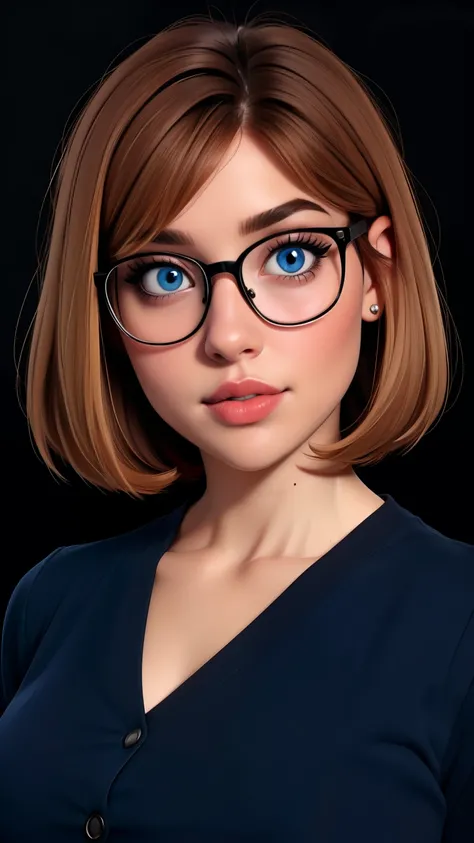 glasses, curvy, bbw, light hazelnut hair, bob haircut, blue eyes, full lips, black background, high quality photography (full body portrait)