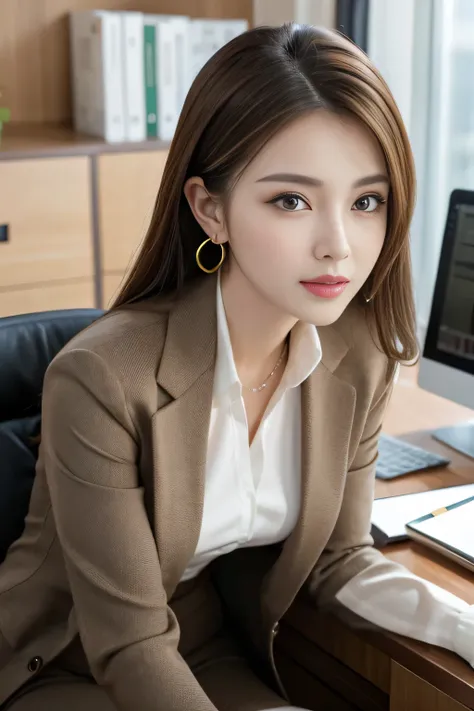 masterpiece、 best quality 、 real 、 very detailed on trends、 with finer details、High Resolution、8k wallpaper、1 beautiful woman、At the office、 Light Brown Disheveled Hair、 perfect dynamic configuration、 beautiful beautiful eyes、 Big Earrings 、 sitting on a c...