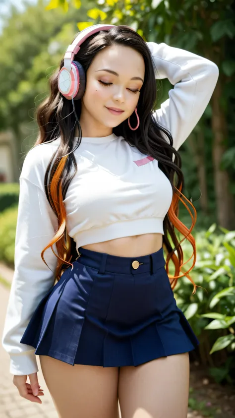 Nezuko Kamado / Kimetsu No Yaiba, Pelo bicolor,  A woman, seria , a very long hair,  eyes closed, boca cerrada , white sports sweatshirt, black jeans mini skirt, a headphones in their ears,  medium breasts,  Not suitable for work ,  big ass,  thick and bea...