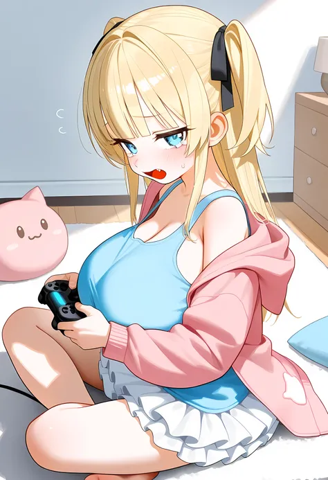 (ultra detailed), (from side),(1 toddler, loli),(sit,indian style,Hold the game controller), pink hoodie pink hoodie, light blue tank top from various perspectives,White ruffle skirt,( huge breasts ),Blonde, two side up,Black ribbon,blunt bangs , light blu...