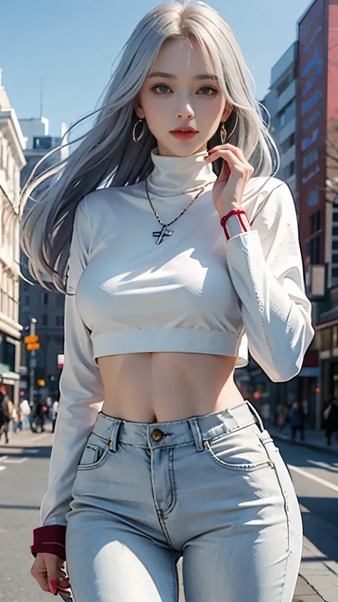   beautiful女子大生，Masterpiece， light makeup， red lips， Silver Hair， Long, Disheveled Hair ， city background， beautiful，Grace。 Extremely Fine Details ，work， Real Texture ， realistic movie lighting ，完美的work，8k， high resolution，  cute trend  ， white skinny turt...