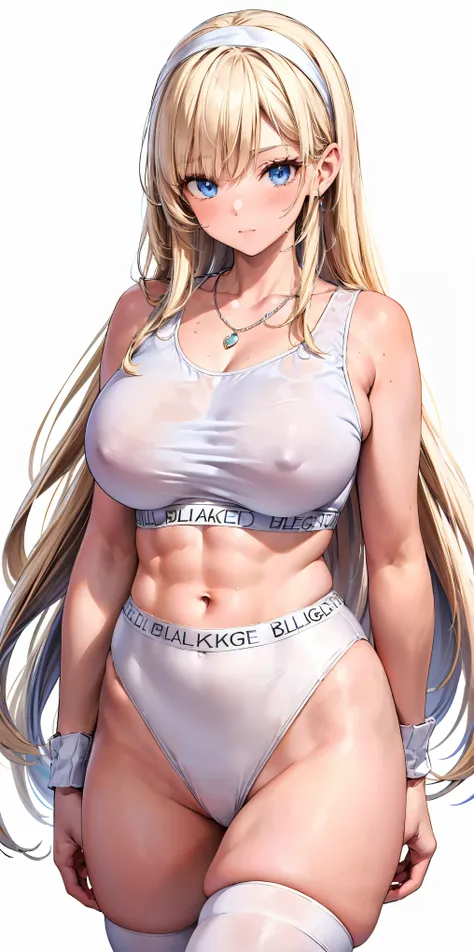 masterpiece、 high definition、(anime)、ckundies,  1girl , Alone, underwear, panties, White sports bra、(White high waist panties:1.5、 white thong panties、 high leg panties:1.5)、( Extra Large Breasts )、( SFW Giant )、blue eyes、blush、Blonde、Long hair down、 white...