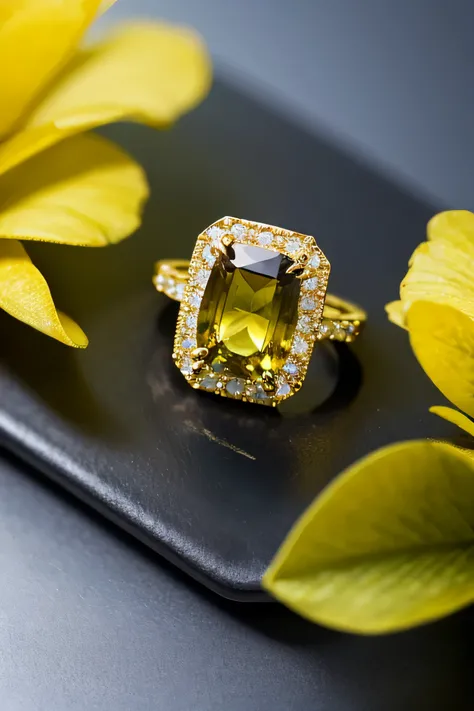  yellow sapphire and diamond ring,   yellow sapphire and diamond ring close-up  ,  Shutterstock , Baroque, Topaz, yellow gemstone, rectangle,  digital rendering by Joe Bowler with sparkling gemstones on ,  Aerial View,  top view ,  amber,  Trendsetter , Ze...