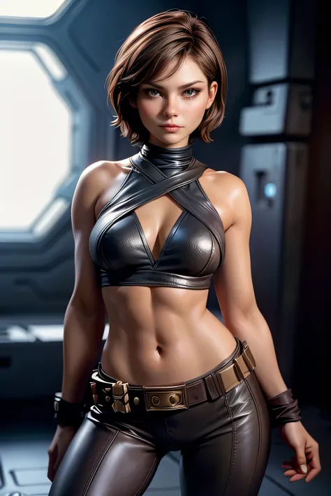 Star Wars ,  short hair , brown eyes, confident, decided, firm stance, confident expression,  female smuggler wears tight brown leather leggings with belt,  composition epic character,  natural lighting ,  sharp focus,  ultra resolution . 