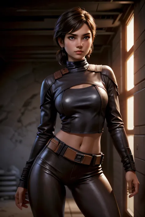 Star Wars ,  short hair , brown eyes, confident, decided, firm stance, confident expression,  female smuggler wears tight brown leather leggings with belt,  composition epic character,  natural lighting ,  sharp focus,  ultra resolution . 