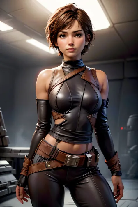 Star Wars ,  short hair , brown eyes, confident, decided, firm stance, confident expression,  female smuggler wears tight brown leather leggings with belt,  composition epic character,  natural lighting ,  sharp focus,  ultra resolution . 