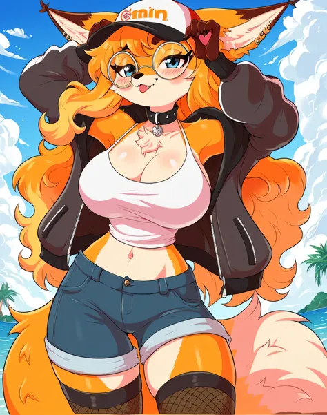 score_9, score_8_up, score_7_up, score_6_up, score_5_up, score_4_up, solo, 1girl, female, furry, jasmin the orange fox, absurd res, highly detailed, by jasminmanticore, fox, yellow fur, Blue eyes, White long Tank top, Black jacket, Hat, baseball cap, long ...