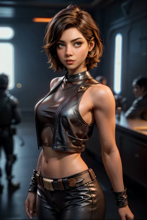 Star Wars , short hair , brown eyes, confident, decided, firm stance, confident expression, female smuggler wears tight brown leather leggings with belt, composition epic character, natural lighting , sharp focus, ultra resolution .