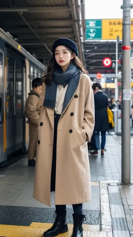 a chic Korean influencer captured at a bustling train station with a vintage vibe. She’s wearing a tailored overcoat with ankle boots, pulling a sleek leather suitcase behind her. Her stylish beret and scarf add a touch of Parisian flair. She stands confid...