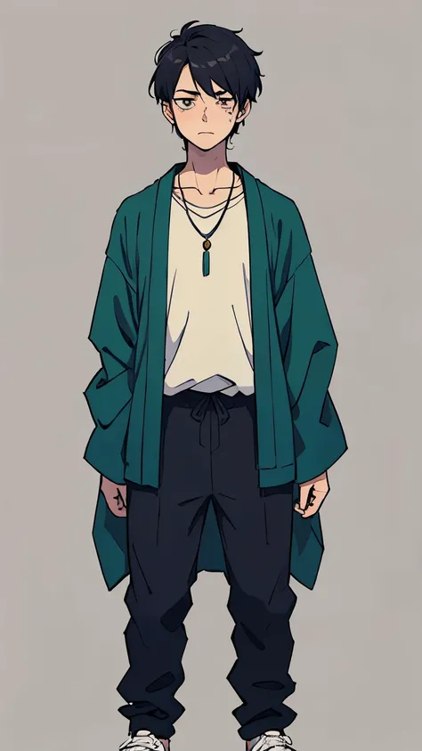 masterpiece, best quality, {{{full body}}}, {{{{1boy}}}, age 25s ,tired look, necklace,in the style of bold line,{{{simple background}}},standing,tired tear bags,japanese,semi-casual outfit,twins