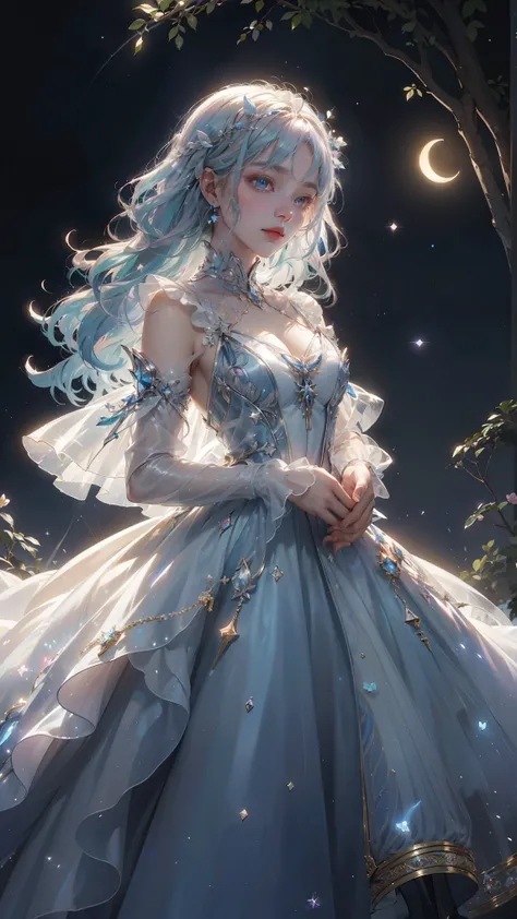 DIVA , phantom, surrealistic , White and blue hair, Dreamlike scenery , choreographer, Sleep Symphony, Twilight dress, Fluttering in a dream , uma mulher em um vestido prata andando em uma noite de Take the key, uma Princess andando na floresta, shining...