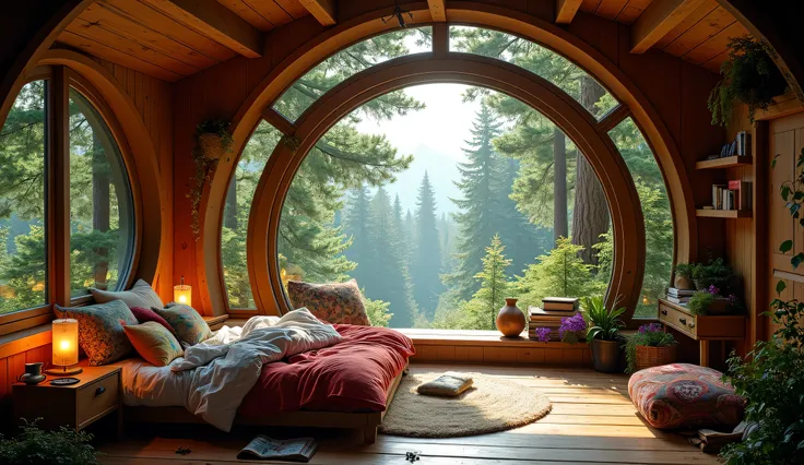 A cozy wooden bedroom with a large circular window offering a scenic view of a lush forest. The room is softly lit with warm lighting, featuring a messy bed with colorful pillows and blankets. The interior is rustic with wooden walls and beams, decorated w...