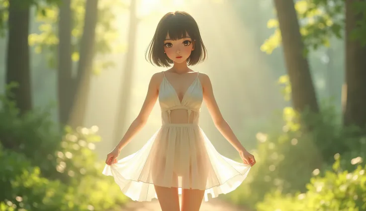 Photorealistic，Ultra high definition，Highest quality，Best Quality，8k，RAW Photos，Super detailed，Ultra-high resolution，(Amazingly cute Japanese real girl)，whole body，1 person，Facing forward，Early morning in the forest，Bright sunlight pours in，Backlight，White...