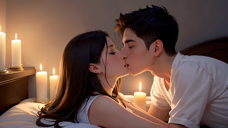 Boy and woman, beautiful woman, kissing each other with passion, in a bedroom, bright room, candles lit, night time,