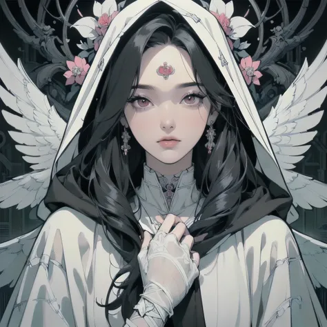 (((Masterpiece,  best quality )))、(((32K Wallpaper)))、One woman with white wings of a machine、 perfect face、 detailed hair 、 upper body closeup、Lots of white flowers、Gorgeous light leaks、snow、((( Black Hooded Robe)))、grim Reaper、 red eyes、(((Detailed and I...