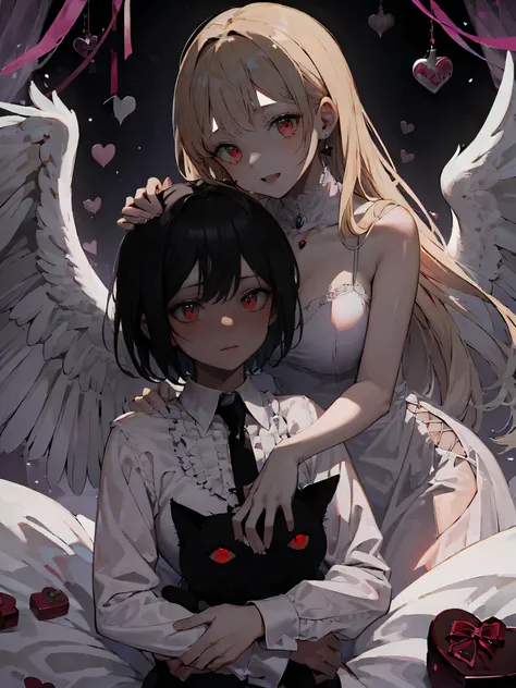 two girls, one black haired masculine cat, one blonde hair feminine angel, valentine's day, scary, eerie, dark themed, love