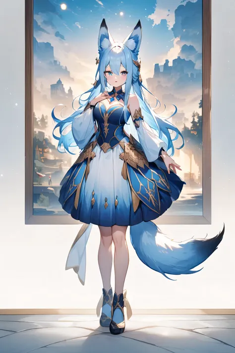 Light blue long hair、Light blue and white odd-eye、 Fox Ears and Tail、fantasy dress、 standing picture