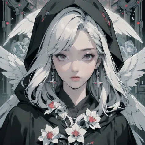 (((Masterpiece,  best quality )))、(((32K Wallpaper)))、 One Woman with White Wings of Machines、 perfect face、 detailed hair 、 Upper Body Closeup 、Lots of white flowers、Gorgeous light leaks、snow、((( Black Hooded Robe)))、grim Reaper、 red eyes、(((Detailed and ...