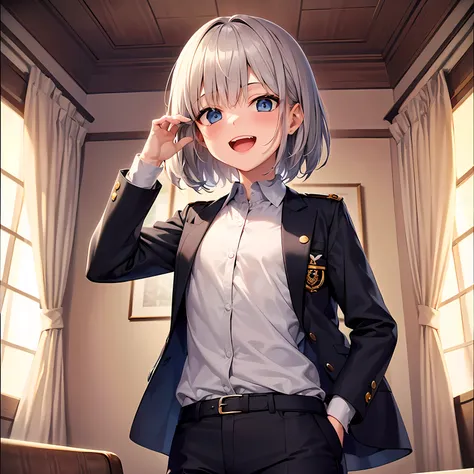 ((( best image quality))),(NFSW2.0),(( One Girl)),(Gray Hair), blue eyes, short cut hair, flat chest,uniform, in the room, is laughing 