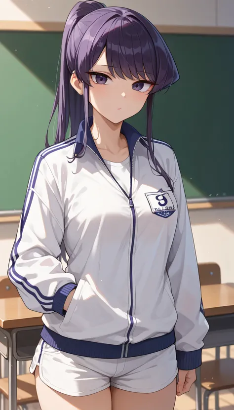 1girl, Solo, Komisandep, komi shouko, 1girl, solo, long hair, ponytail, purple hair, purple eyes, white shirt, white jacket, track jacket, houshou (kancolle), white shorts, classroom background 