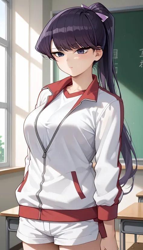 1girl, Solo, Komisandep, komi shouko, 1girl, solo, long hair, ponytail, purple hair, purple eyes, large breast, white shirt, white jacket, track jacket, houshou (kancolle), white shorts, classroom background, standing, 