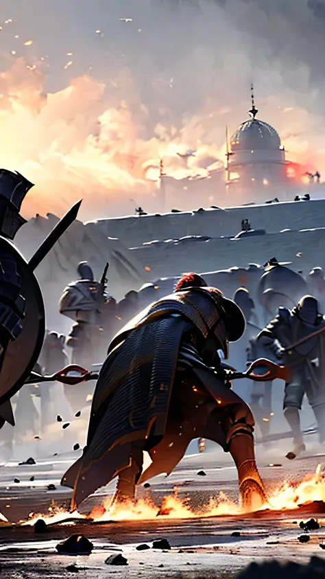 "A vast medieval battlefield at dusk, with two opposing armies clashing. One side features knights in shining armor with banners fluttering in the wind, while the other side is a dark, ominous force of orcs and shadowy creatures. The sky is fiery orange, w...