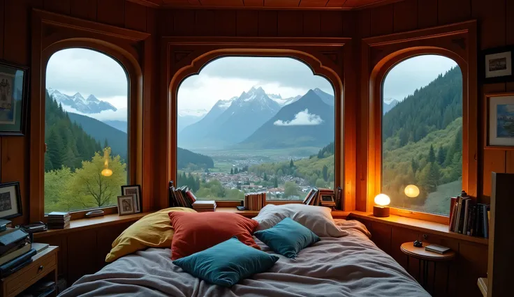 A cozy wooden bedroom with windows in various shapes, each offering a different scenic view. One window frames a majestic mountain range, another reveals a peaceful valley, and a third showcases a quaint village in the distance. The sky outside is overcast...