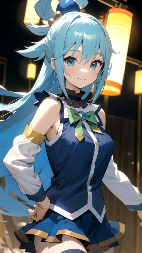 One Girl、smile、 Upper Body Closeup 、aaaqua、 long hair、 Lantern、 hair ring、 hair ornament、 choker、 Exposed Shoulders、 green ribbon、 blue shirt、Sleeveless、 BLUE SKIRT、 knee socks