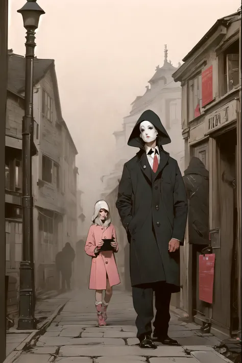 general plan , Full body , ( Pretty attractive young ager , Strong Gothic makeup that emerges from a thick fog, a ghost in the street :1.5) A village on the shores of the lake, a forest of white birches and an orchard of apple trees , A starry night, (...