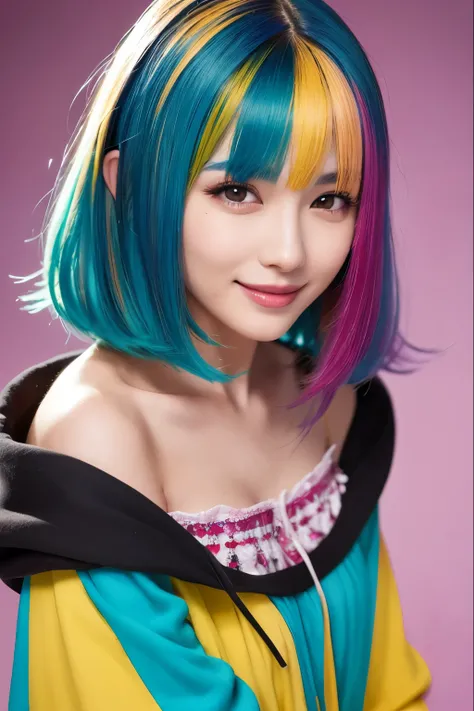  High Quality ,  realistic、 high resolution,  realistic、8k、masterpiece,  Details.Impressive、Alone、Cutting-edge female photography portraits、Expression of happiness、 smiles、The way you look at someone you love、Yellow、Cyan, and purple, (( her colorful hair i...