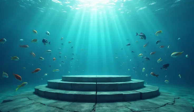 There is a podium stage that looks like a relatively low temple staircase in the ocean, and the top is flat, so there are no buildings,  fish of various colors are swimming around it, Make it feel like it was taken very close