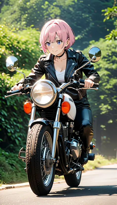 (Highest quality, 4K, 8k, High resolution, masterpiece:1.2), Very detailed, Picturesque, Anime-style photos, Photo animation:1.37)、Japanese、(Pink Hair)、(Pixie Cut)、smile、Black choker、leather jacket、Leather pants、Riding a vintage motorcycle、whole body、Nakan...