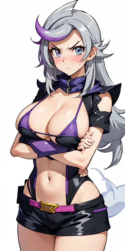 1 Female,High definition,high resolution,Ultra-realistic,8K,1girl, (ghost_girl:1.2), (grey hair:1.2),(purple hair:1.2), grey eyes, low-tied long hair, (purple, white bodysuit:1.2), (short sleeves:1.2), (black shorts, short shorts:1.2), , (purple gloves, fi...