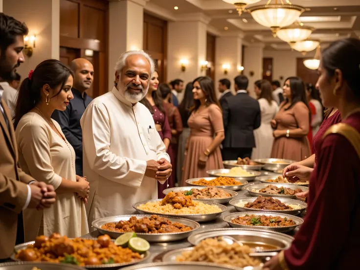 A stunning, high-resolution photograph capturing a traditional Pakistani wedding's lively dinner buffet scene. A wise, older man in a crisp white kurta stands at the buffet table, warmly smiling at an unseen individual, speaking. The buffet table is filled...