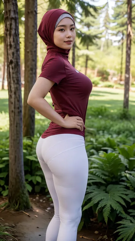  Indonesian mature woman ,  sports maroon hijab , ((Wearing a sports t-shirt  " Nike " ,  arm length white color )) , and wearing maroon tight leggings,  and white sports shoes . nice body (( solid contains)),  very white skin , thick lips,  blushing red c...