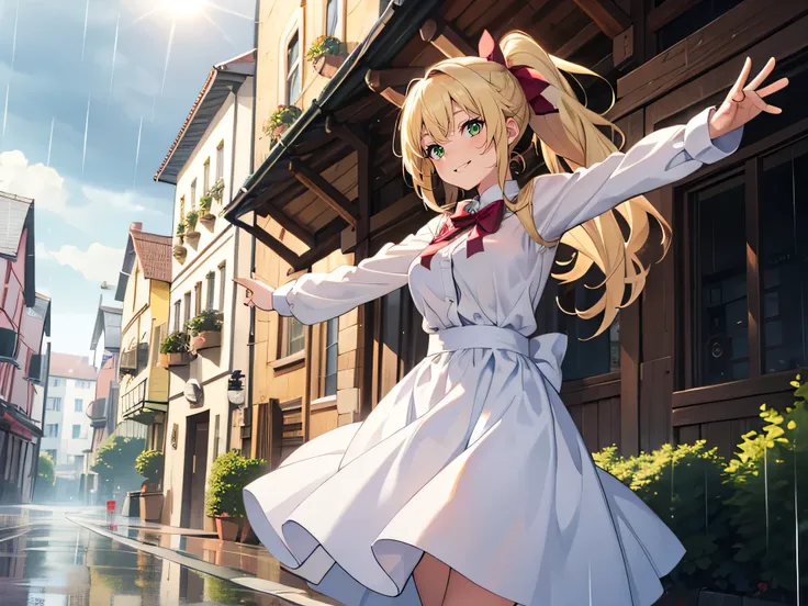  blonde　  ponytail　 green eyes　 white dress　 bright 　smile　rain　 under the breast　The sun shines 　Townscape　High ground　 spread your arms　 1 girl,  high resolution, Blonde,  very long hair that gives off a bow, rainbow,  best quality , hope,No ribbon