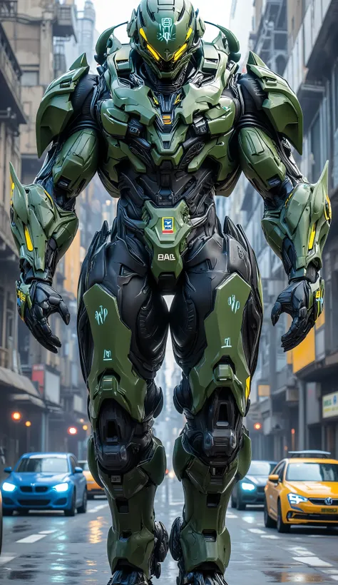 a giant robot, 3 meters tall, with futuristic military green cyborg armor, with carbon details, with yellow and blue neons, a Brazilian flag emblem, futuristic military armor, realistic details, walking in a futuristic city patrolling, vision full body, bu...